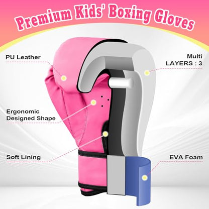 Kids Boxing Gloves for Boys & Girls, Youth Boxing Training Gloves for Kids Age 3 to 9 Years, 4OZ Training Sparring Gloves for Punching Bag Kickboxing Muay Thai MMA - color: Pink