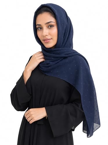 Chiffon Dotted Hijab Scarf for Women, Lightweight Textured Head Wrap Shawl,Soft Muslim Headscarf for Spring Fall - color: Mcmqxf2531-2#navyblue