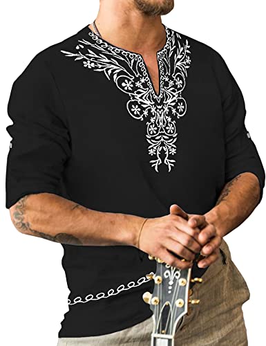 JoZorro Mens Polyester Linen V Neck Henley Shirt Long Sleeve Caftan Handmade Tunic Embroidered Casual Beach T Shirts - color: Black, size: X-Large