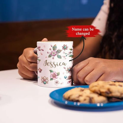 Personalized Sparkling Cherry Blossom Coffee Mug, National Cherry Blossom Festival Inspired Cup, Custom Name Ceramic Cup 11oz 15oz, Customized Elegant Floral Full Wrap White Mug - color: XUA-1124-3658-Cherry Blossom Festival