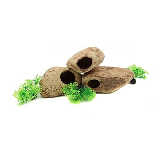Stackable Aquarium Ceramic Decorations Rock Caves, Set of 3 | Betta Fish Tank Decor Accessories, Hideaway for Shrimp Cichlid, Hiding Breeding Spawning