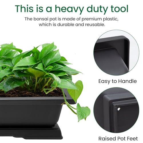 GROWNEER Large Bonsai Training Pots 3 Packs 14 Inch with Drainage Humidity Trays & Repotting Mat, Bonsai Tree Pot Starter Kits, Growing Rectangle Planter for Garden Yard Office Indoor Outdoor - size: 3pcs/14x10.3in
