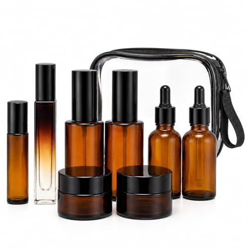 18Pack Avoid light Glass Travel Bottles for Toiletries, TSA Approved Skincare Travel containers with Label, BPA Free Leak Proof,Black-Brown - color: Black-brown glass