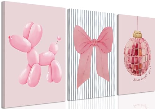 Trendy Preppy Set Of 3,Posters Abstract Pink Balloon Dog Bow Disco Ball Canvas Wall Art How Lucky Are We Inspirational Quotes Prints Painting For Home Decor Bedroom Dorm Wall Decor 12x16in Framed - color: Pink Balloon Dog canvas, size: 16"L x 12"W