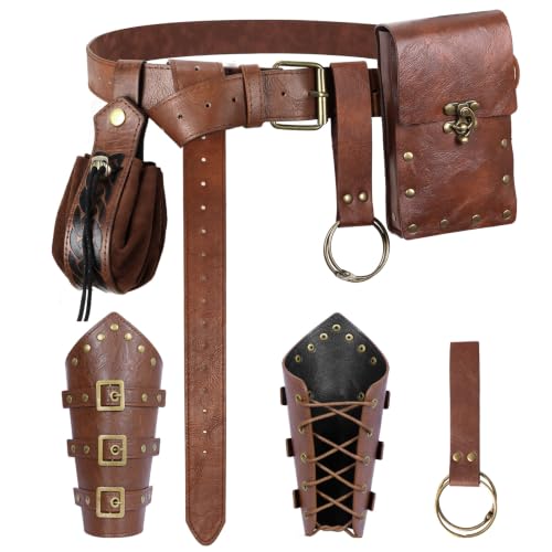 7-Piece Renaissance Belt Pouch Set with Faux Leather Bracers and Skirt Hikes, Medieval Costume Accessories for Rangers, Rogues, Hunters & Adventurers, LARP, Ren Faire, Halloween and Cosplay - color: Brown