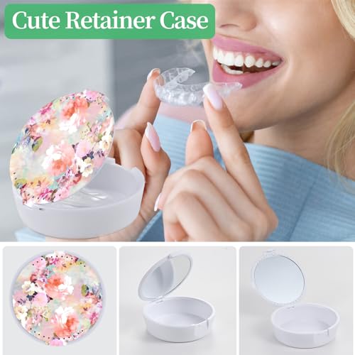 Retainer Case, Denture Case With Mirror and Ventilation, Pink Flower - color: Pink Flower
