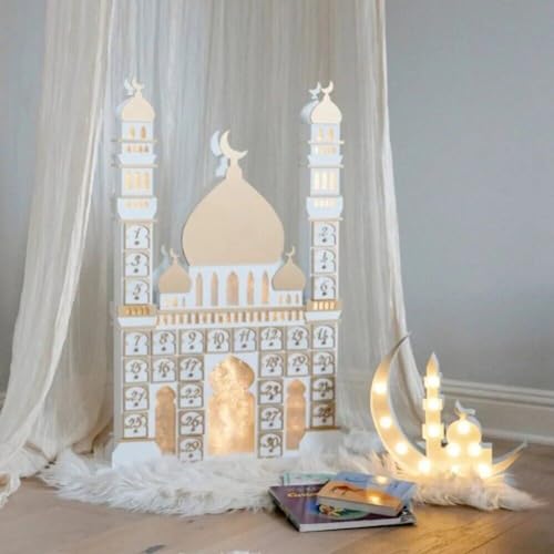 HiyyFloy Wooden Ramadan Advent Calendar Eid Mubarak Countdown Calendar Ramadan 30 Day Castle Advent Calendar Ornament with Led Light for Muslim Islam Home Decor