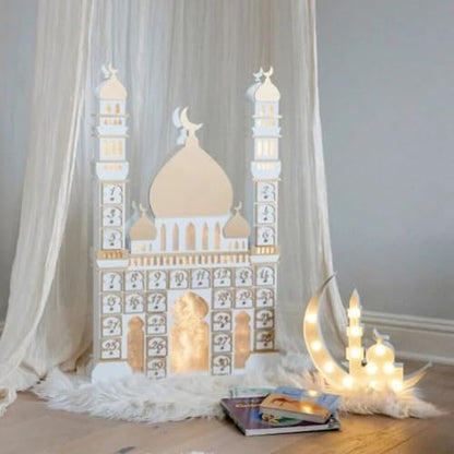 HiyyFloy Wooden Ramadan Advent Calendar Eid Mubarak Countdown Calendar Ramadan 30 Day Castle Advent Calendar Ornament with Led Light for Muslim Islam Home Decor