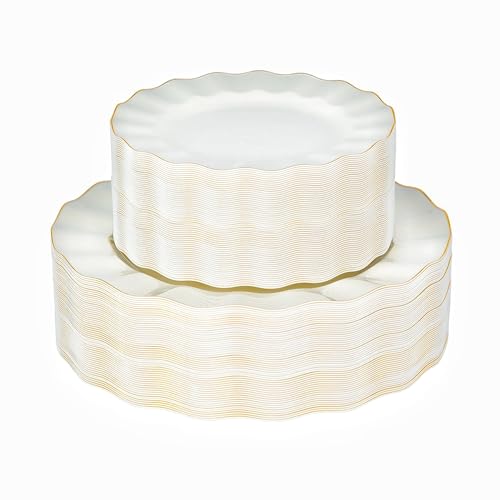 72PCS Ivory White Plastic Plates, Wavy Plates with Gold Rim - color: Ivory White, size: 72PCS
