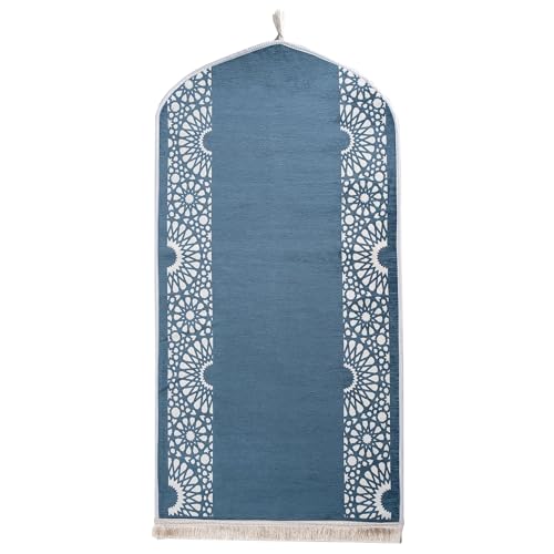 Modefa Turkish Islamic Prayer Mat - Chenille with Foam and Carrying Bag - Intricate Praying Rug Ramadan Eid Gift - Traditional Muslim Janamaz Seccade for Men Women - Mustaqim (Light Blue) - color: Light Blue