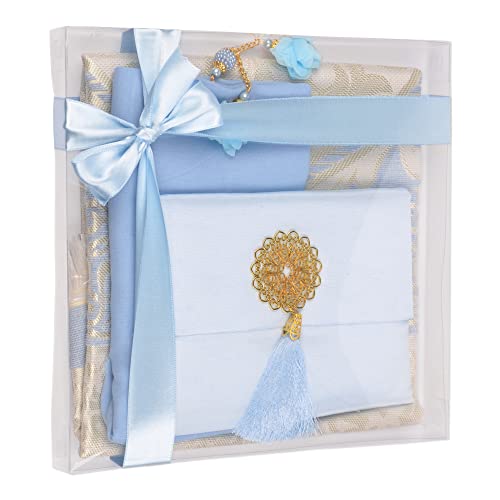 BABY SHOWER CHOCOLATE Prayer Rug Islamic Gift Set, Velvet Prayer Mat, Prayer Beads, Scarf and Yaseen Book, Perfect Family and Muslim Eid Gifts (Blue) - color: Blue