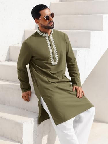 Runcati Mens Kaftan Thobe Cotton Henley Shirt Long Sleeve Embroidery Robe Casual Kurta Muslim Gown Shirt - color: Army Green, size: X-Large
