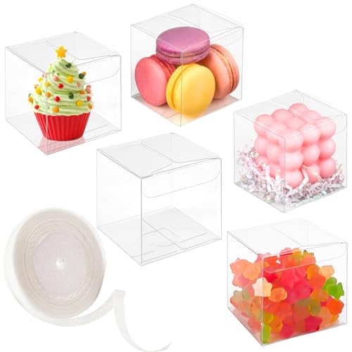 45 Pack 3x3x3 Inches Clear Favor Boxes with Ribbons, Transparent Plastic Cube Treat Boxes for Candy Goodie Gift, Small Individual Hot Cocoa Bomb Packaging Box - color: 3x3x3 Inch