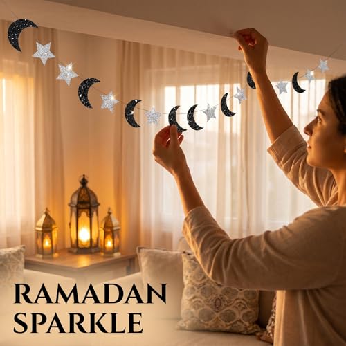 Prom Decorations 4m Glitter Paper Star Strips Black Silver Moon and Stars Decor, Hanging Space Decorations Galaxy Garland for Ramadan Birthday Backdrop Ceiling Decor