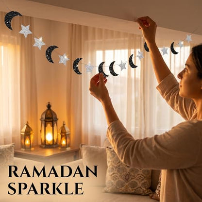 Prom Decorations 4m Glitter Paper Star Strips Black Silver Moon and Stars Decor, Hanging Space Decorations Galaxy Garland for Ramadan Birthday Backdrop Ceiling Decor