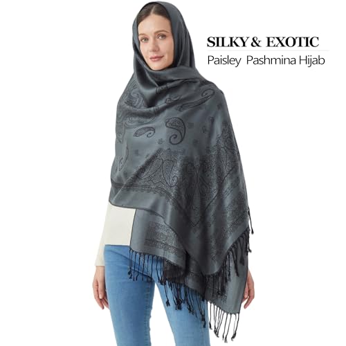 Reversible Paisley Pashmina Rave Scarf Shawl-Soft Silky Pashmina Wraps for Women Evening Dresses - color: E#. Style 5-dark Grey