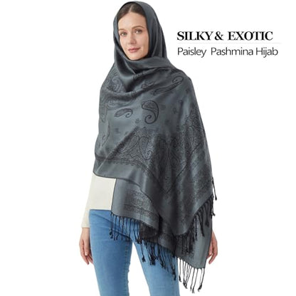 Reversible Paisley Pashmina Rave Scarf Shawl-Soft Silky Pashmina Wraps for Women Evening Dresses - color: E#. Style 5-dark Grey