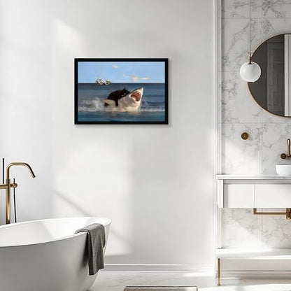ICHZUMW Framed Funny Black Cat Biting Shark Ocean Canvas Wall Art 16x24 In - color: Black Shark Rider, size: 24"L x 16"W