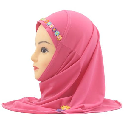 Girls Instant Hijab – Soft Kids Muslim Scarf with Flower, Breathable One-Piece Headscarf for Toddlers Age 2-8 - color: Small Flower-rose
