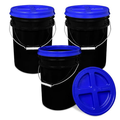 5 Gallon Bucket - Food Grade w/Lid BPA-Free, Black/Blue, 3 | Airtight Gamma Seal Screw-On Lid, Heavy-Duty 90 Mil HDPE Plastic, Food Safe and Durable Container, Bulk Storage, Made in USA - color: Black/Blue, size: 3 Packs