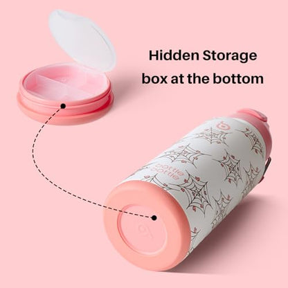 BOTTLE BOTTLE 32oz Insulated Water Bottle with Pill Box | Stainless Steel,Sport Water Bottle, with Straw Dual-use Lid and Pill Box, Design for Gym - color: Cupid Web