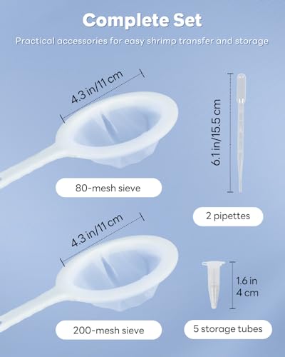 Pawfly Brine Shrimp Net Kit- 80 & 200 Mesh Sieve for Hatchery, Fine Artemia with 2 Pipettes and 5 Storage Tubes, Dense Mesh Collecting Net with Handle
