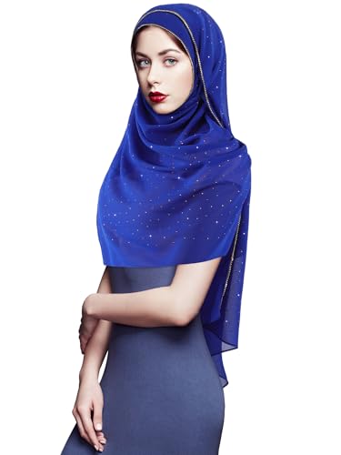 Geyoga Hijab Scarf for Women Soft Chiffon Rhinestone Long Scarf Shawl Fashion Muslim Hijab Head Wrap Scarves - color: Royal Blue