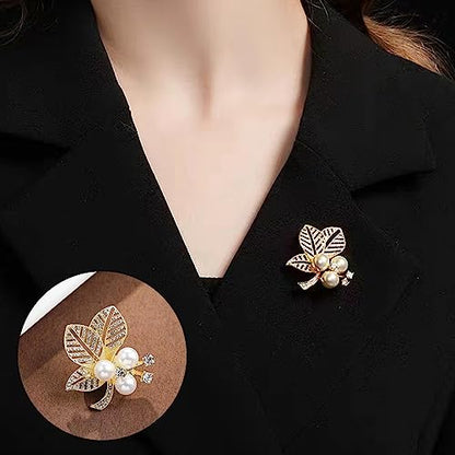 Crystal Pearl Flower Brooches Pins Fashion Beautiful Created Rhinestone Floral Brooch Good Idea for Party Dance Wedding Banquet for Elegant Women Girl - color: Pearl Leaf