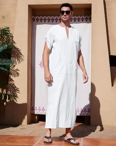 YAOHUOLE Men's Short Sleeve Kaftan Thobe Side Split Caftan with Pockets Long Gown Thobe - color: White, size: Large