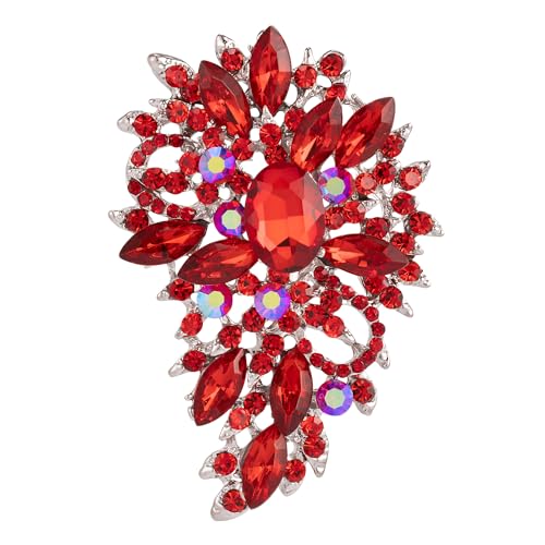 SELOVO Women's Rhinestone Crystal Wedding Flower Leaf Sparkle Brooch Pin - color: Red