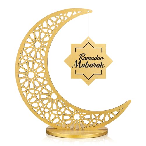 DoubleFill Golden Wooden Ramadan Table Centerpiece Crescent Moon Hollow Star Ornament for Ramadan Decor Islamic Gifts - color: Golden