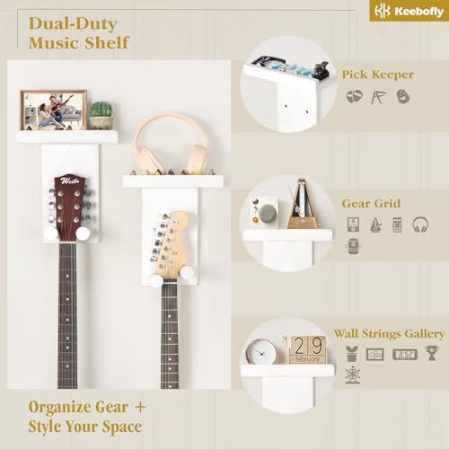 Keebofly Guitar Wall Mount Hangers with Rustic Wood Shelf - 2 Pack, Wall Stand Holder Hook Rack for Acoustic or Electric Guitar,Ukulele,Bass,White,[Patented] - color: 2 Pack_White