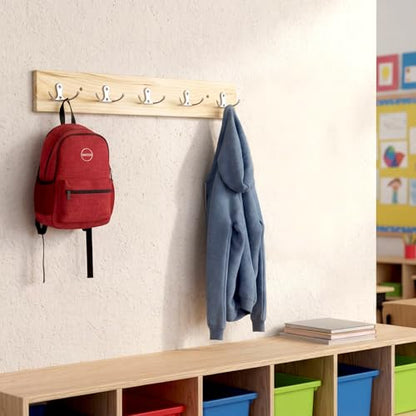 2 Pcs Classroom Wall Mount Coat Rack 16 Inch Wooden Backpack Hanger Rail with 5 Double Coat Hooks Back to School Organizer for Dorm Apartment Hanging Backpack Hats Clothes School (Wood Color)