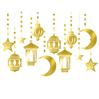 Gold Ramadan Star-Moon Party-Decorations Garland - 12pcs Twinkle Little Star Hanging Decoration Streamers Swirl Lantern, Eid Mubarak Birthday Wedding Party Banner Decor