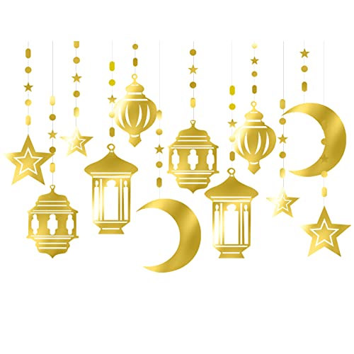 Gold Ramadan Star-Moon Party-Decorations Garland - 12pcs Twinkle Little Star Hanging Decoration Streamers Swirl Lantern, Eid Mubarak Birthday Wedding Party Banner Decor