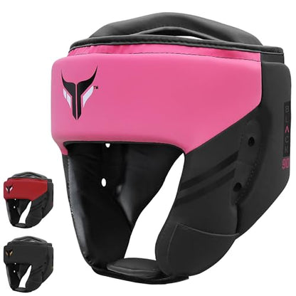 Mytra Fusion Boxing Headgear - Sparring Gear with Adjustable Strap MMA, Muay Thai, Kickboxing, Martial Arts, Karate, Head Gear - color: Black/Pink, size: Small