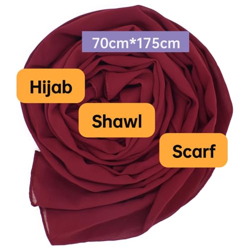 Chiffon Scarf for Women Lightweight Breathable Sunscreen Soft Solid Hijab Scarf for Daily & Muslim Wear - color: Wine Red Chiffon Scarf