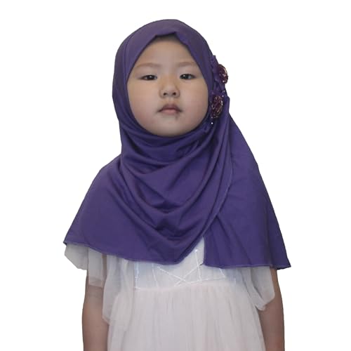 Soft Instant Hijab for Kids Girls Muslim Headscarf Islamic Scarf Shawl Wrap with Flowers - color: Purple-2 Flowers
