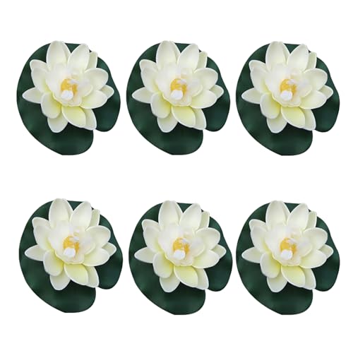 6Pcs White Artificial Floating Foam Lotus Flowers with Water Lily Pad Ornaments, Perfect for Patio Koi Pond Pool Aquarium Home Garden Wedding Party Holiday Decoration Water Gardens and Ponds