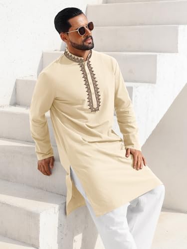 Runcati Mens Kaftan Thobe Cotton Henley Shirt Long Sleeve Embroidery Robe Casual Kurta Muslim Gown Shirt - color: Apricot, size: X-Large