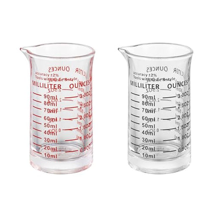 Ackers 3oz/90ml Glass Measuring Cup – Shot Glass with Double Scale-Ounce,Ml Markings for Kitchen & Bar(Pack of 2) - color: Red and Black