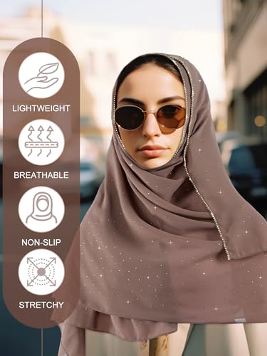 Geyoga Hijab Scarf for Women Soft Chiffon Rhinestone Long Scarf Shawl Fashion Muslim Hijab Head Wrap Scarves - color: Khaki