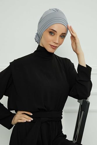 Aisha's Design Instant Turban Head Wraps for Women, Combed Cotton Scarf Lightweight Pre tied Hijab with Back Rose Detail - color: Grey