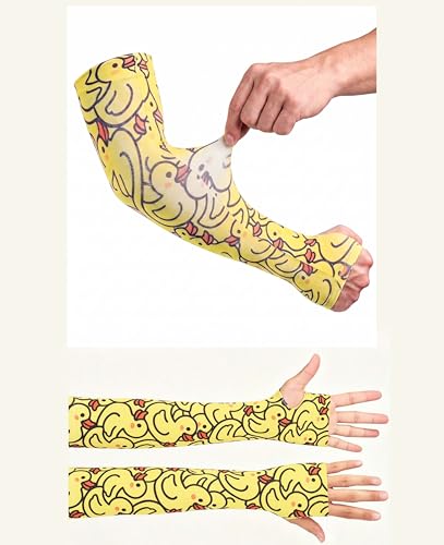 Aueyan Arm Sleeves for Men Women,Cooling Sleeves with Thumb Holes,Funny Sun Protection Arms Cover with Print Pattern - color: Ducks Yellow