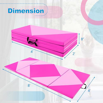 Giantex 4'x8' Gymnastics Mat, 2" Thick Folding Tumbling Mat with Carrying Handles, Foldable Gym Mat with Hook and Loop Fastener, Cheer Mats for Kids Adults Home Exercise Aerobics Fitness - color: Pink/Purple