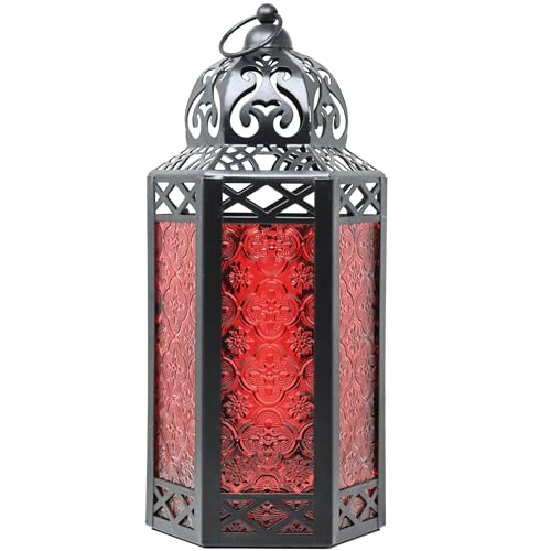 Vela Lanterns Decorative Indoor Candle Holder Table Centerpieces - Moroccan Hanging Outdoor Patio & Porch Home Decor, Turkish Lamp for Wedding, Ramadan (Large 12", Red Glass) - color: Black/Red, size: Large