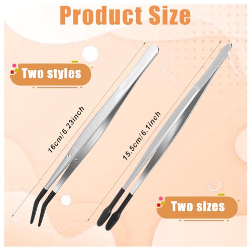 4 Pieces Tweezers with Rubber Tips PVC Rubber Coated Tweezers Rubbers Long Bent Tip Tweezer and Straight Flat Tip Tweezer for Lab Stamp Hobby Jewelry Crafts Feeding (Silver, Black) - color: Black