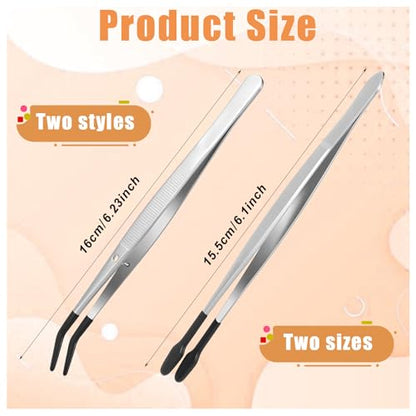 4 Pieces Tweezers with Rubber Tips PVC Rubber Coated Tweezers Rubbers Long Bent Tip Tweezer and Straight Flat Tip Tweezer for Lab Stamp Hobby Jewelry Crafts Feeding (Silver, Black) - color: Black