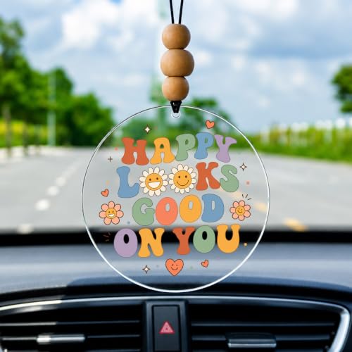 Talataca Happy Looks Good On You 2D Flat Car Ornament & Wood Beads, Inspirational Quote Beaded Rear View Mirror Accessories, Retro Rearview Hanging Charm, Christmas Tree Decor - color: 34
