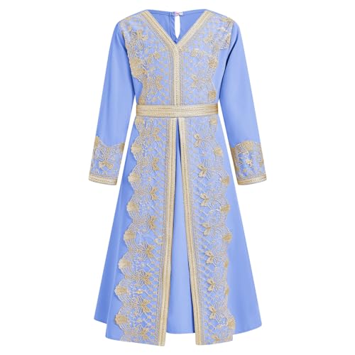 FYMNSI Kids Girls Muslim Abaya Dress Modest Lace Belted Prayer Dress Islamic Maxi Robe Kaftan Ramadan Arabian Dubai Clothes - color: Blue, size: 4-5T